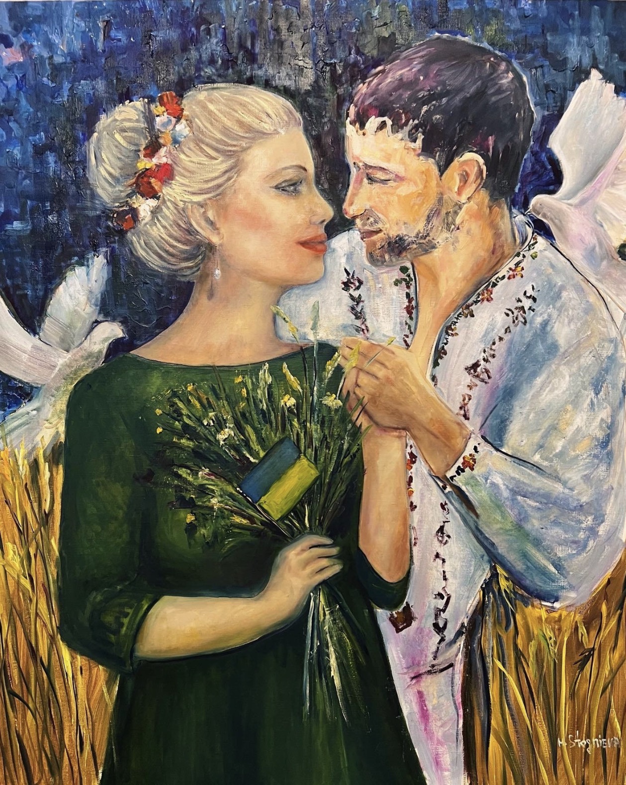 Ukrainian couple in love — full view of an original painting by Ukrainian artist Marina Stognieva